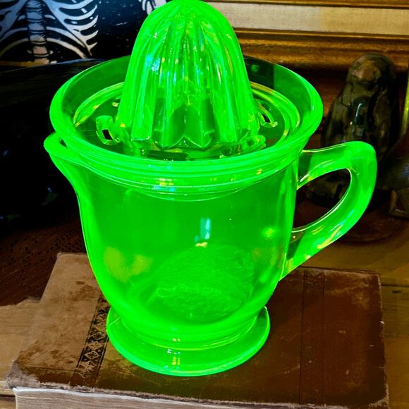 Vintage Uranium Glass Juicer & Pitcher Set – Large 8" Glow Reamer – Raised Orang - Picture 1 of 5